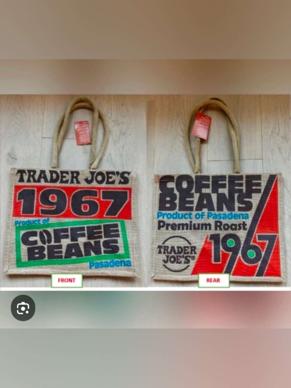 TRADER JOE'S COFFEE BEANS Pasadena Burlap Jute Tote Reusable ShoppingBag 9Gal
